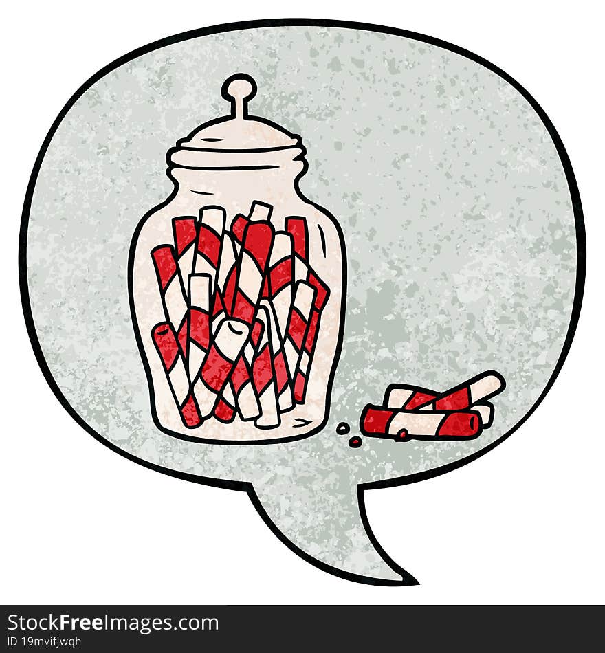 cartoon traditional candy sticks in jar and speech bubble in retro texture style