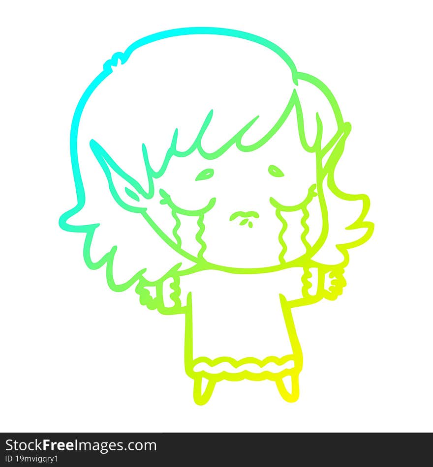 cold gradient line drawing cartoon crying elf girl