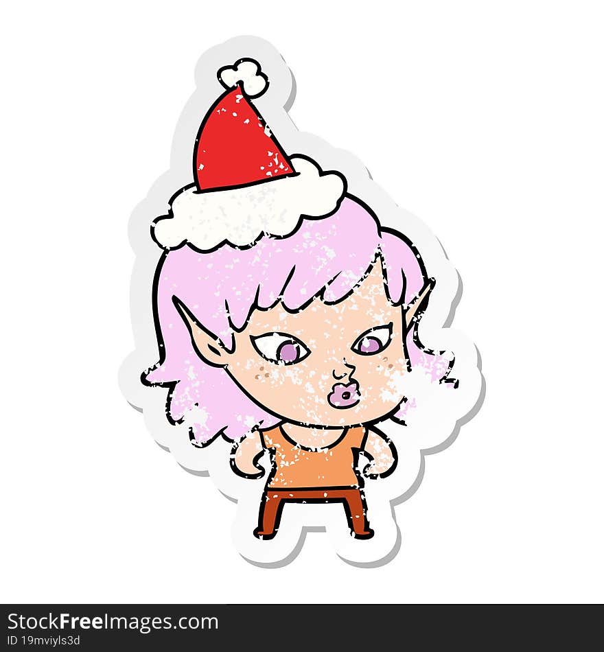 pretty hand drawn distressed sticker cartoon of a elf girl wearing santa hat