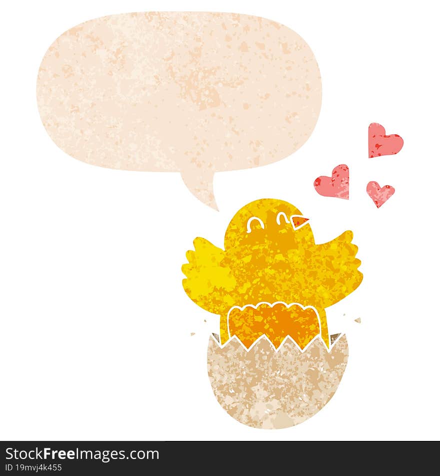 Cute Hatching Chick Cartoon And Speech Bubble In Retro Textured Style