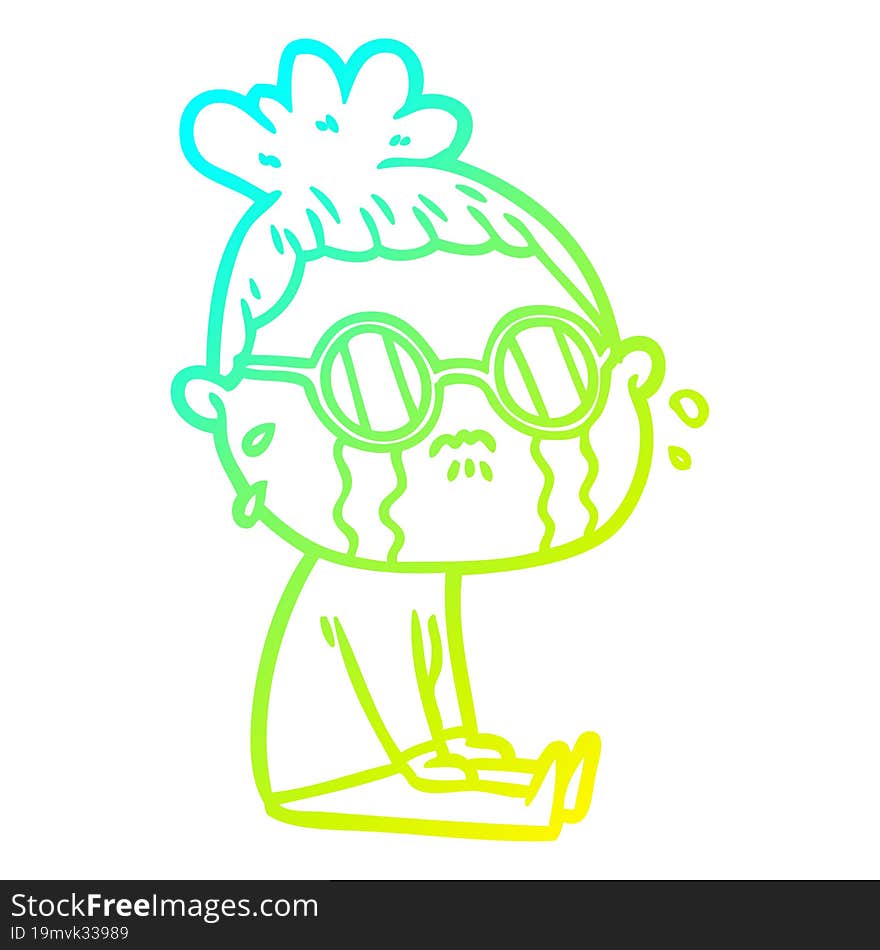 cold gradient line drawing cartoon crying woman wearing spectacles