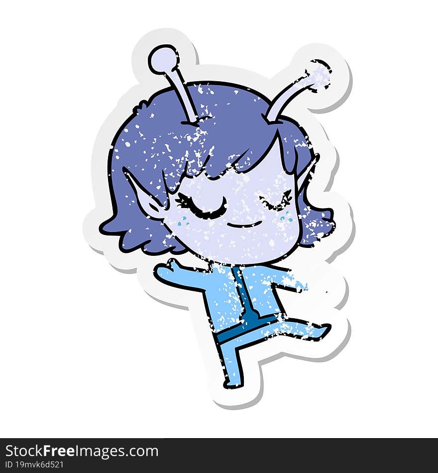 distressed sticker of a smiling alien girl cartoon