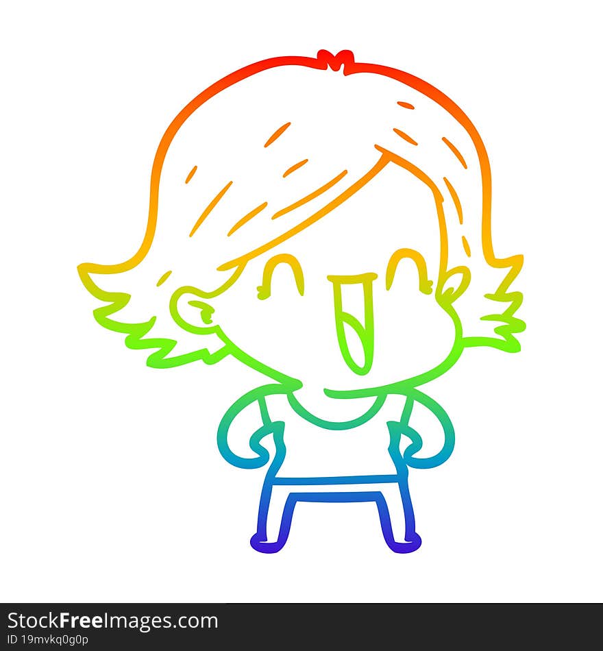 rainbow gradient line drawing of a cartoon happy woman