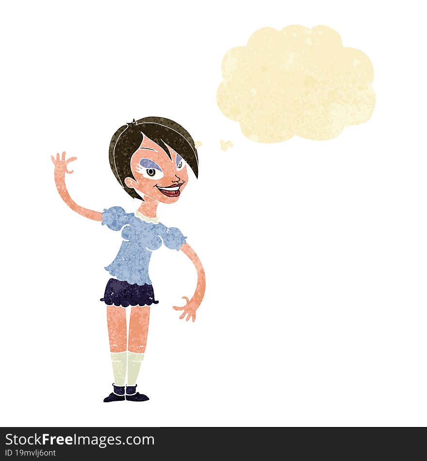 cartoon girl waving with thought bubble