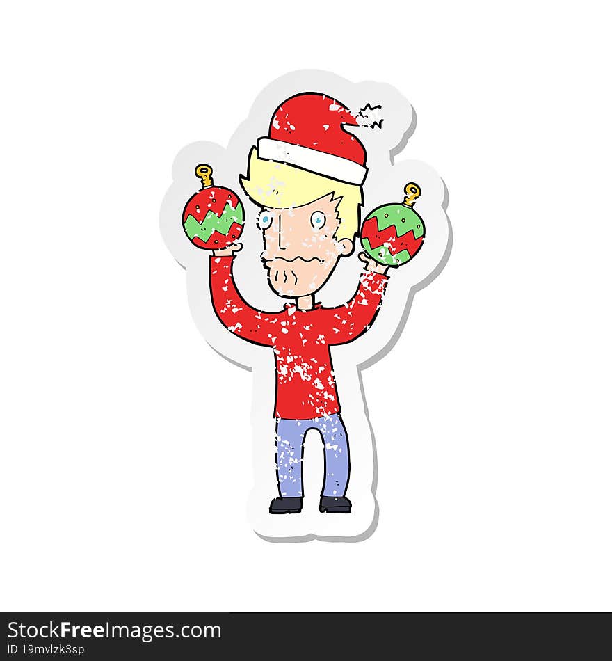 retro distressed sticker of a cartoon man with christmas baubles