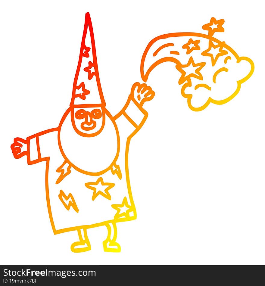 warm gradient line drawing of a cartoon wizard casting spell