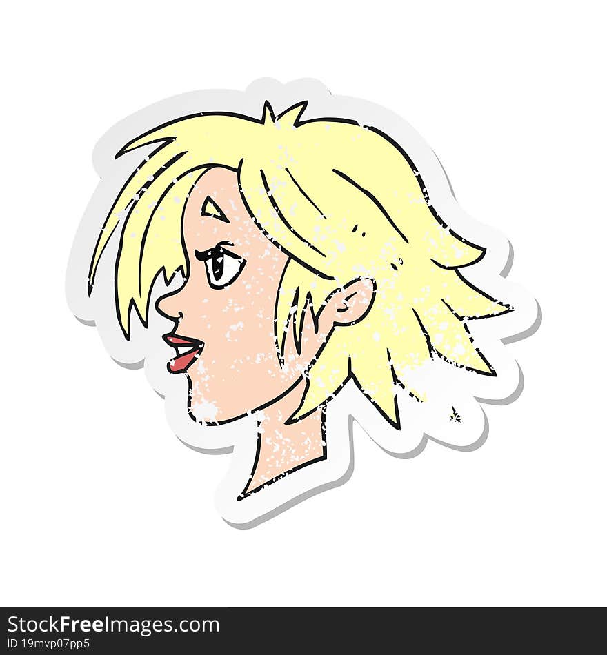 retro distressed sticker of a cartoon happy female face