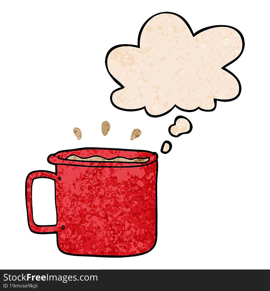 cartoon camping cup of coffee and thought bubble in grunge texture pattern style