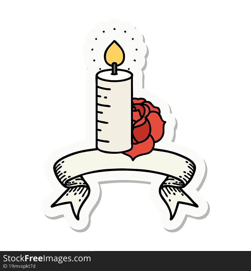 tattoo style sticker with banner of a candle and a rose