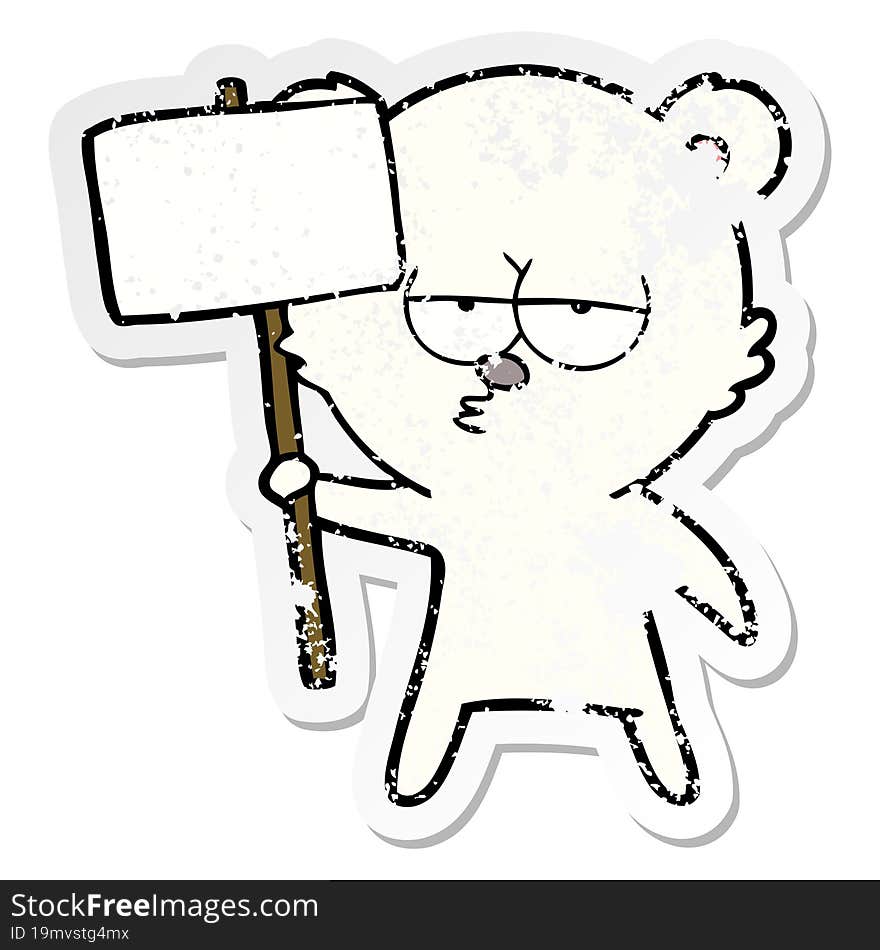 distressed sticker of a bored polar bear cartoon with sign