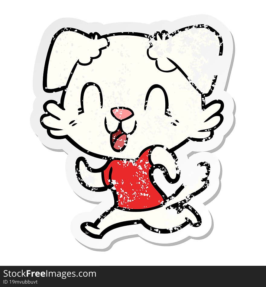 distressed sticker of a laughing cartoon dog jogging