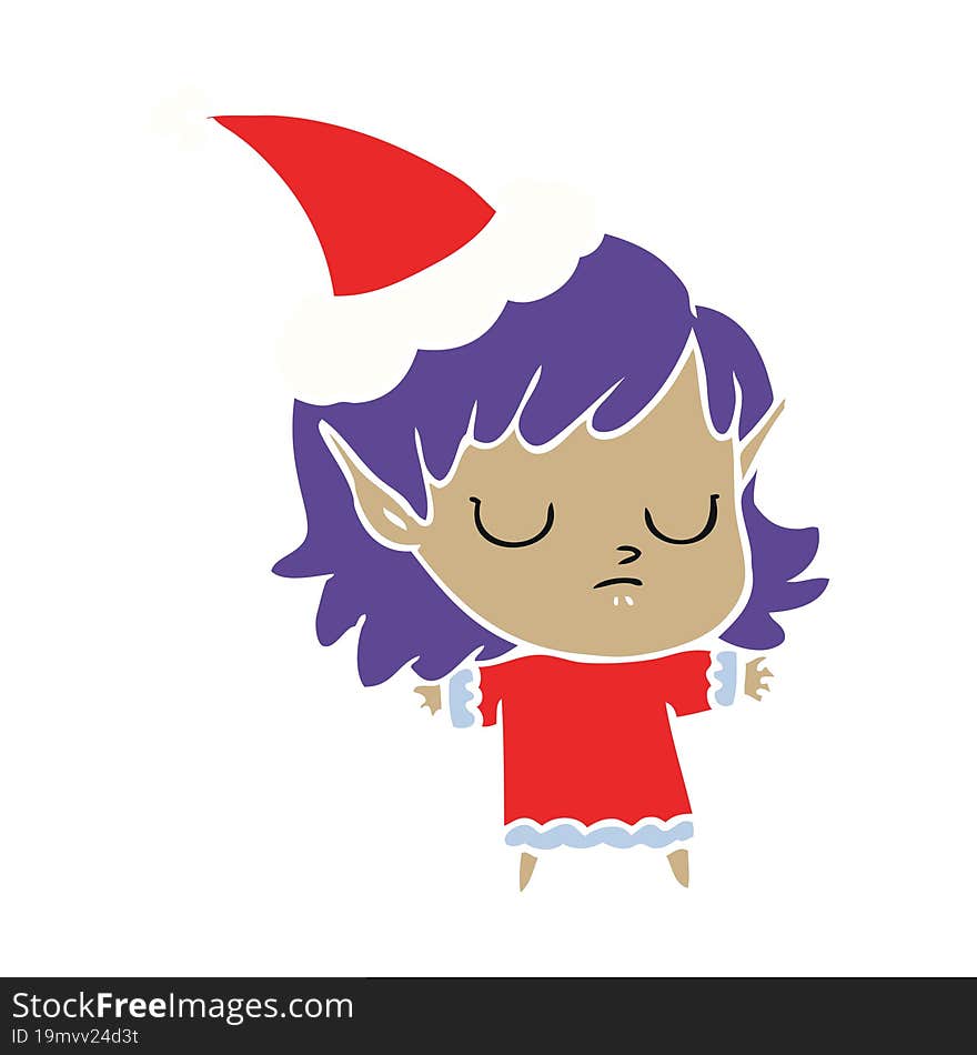 flat color illustration of a elf girl wearing santa hat