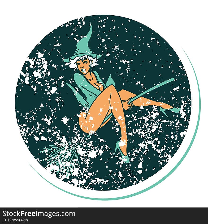 distressed sticker tattoo in traditional style of a pinup witch. distressed sticker tattoo in traditional style of a pinup witch