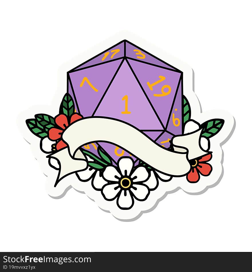 sticker of a natural one d20 dice roll. sticker of a natural one d20 dice roll