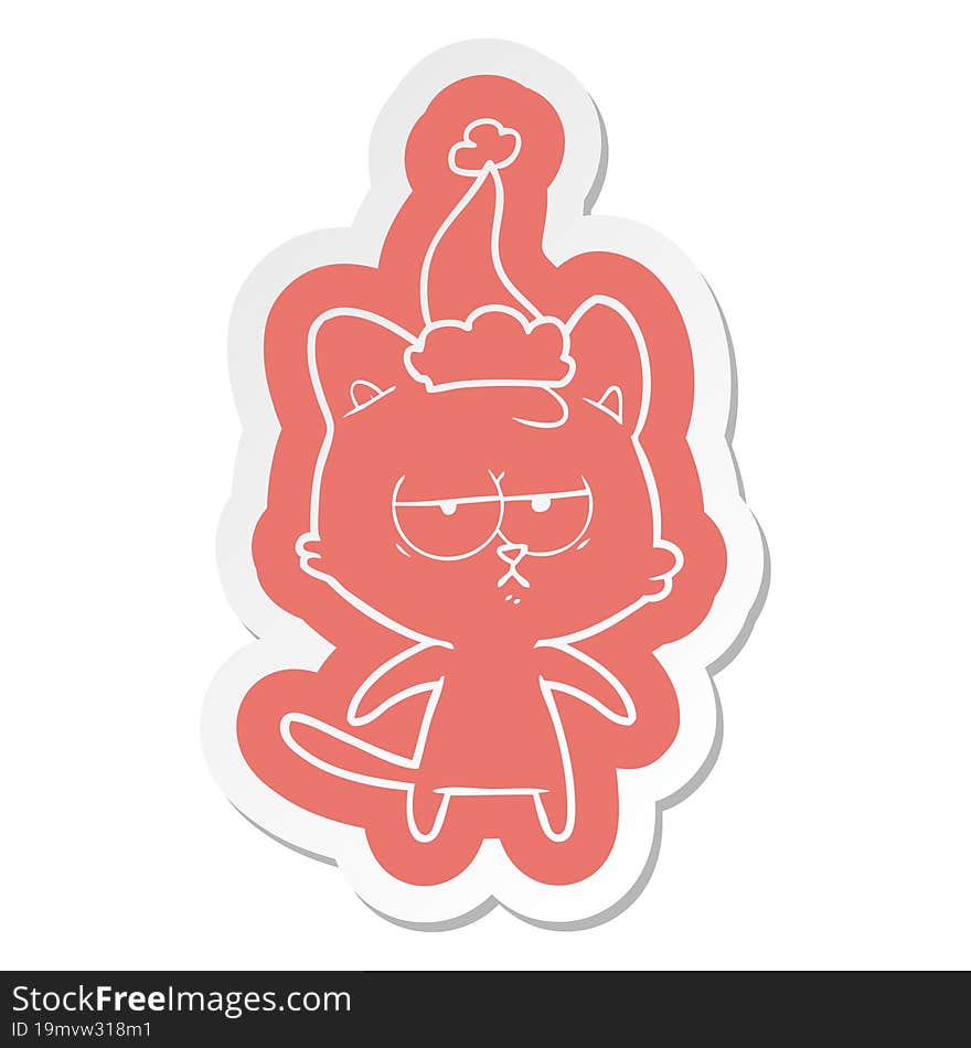 bored cartoon  sticker of a cat wearing santa hat