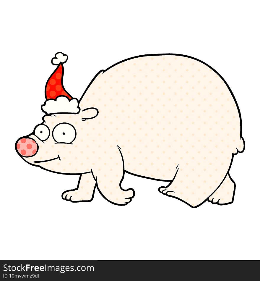 comic book style illustration of a walking polar bear wearing santa hat