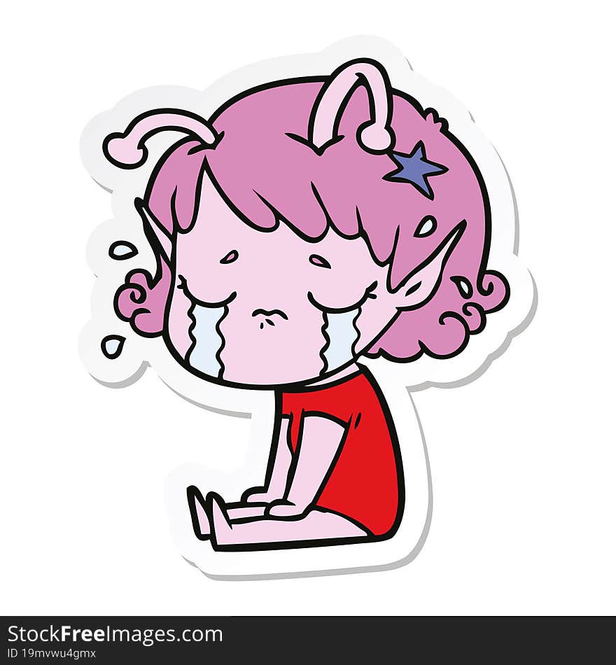 sticker of a cartoon crying alien girl