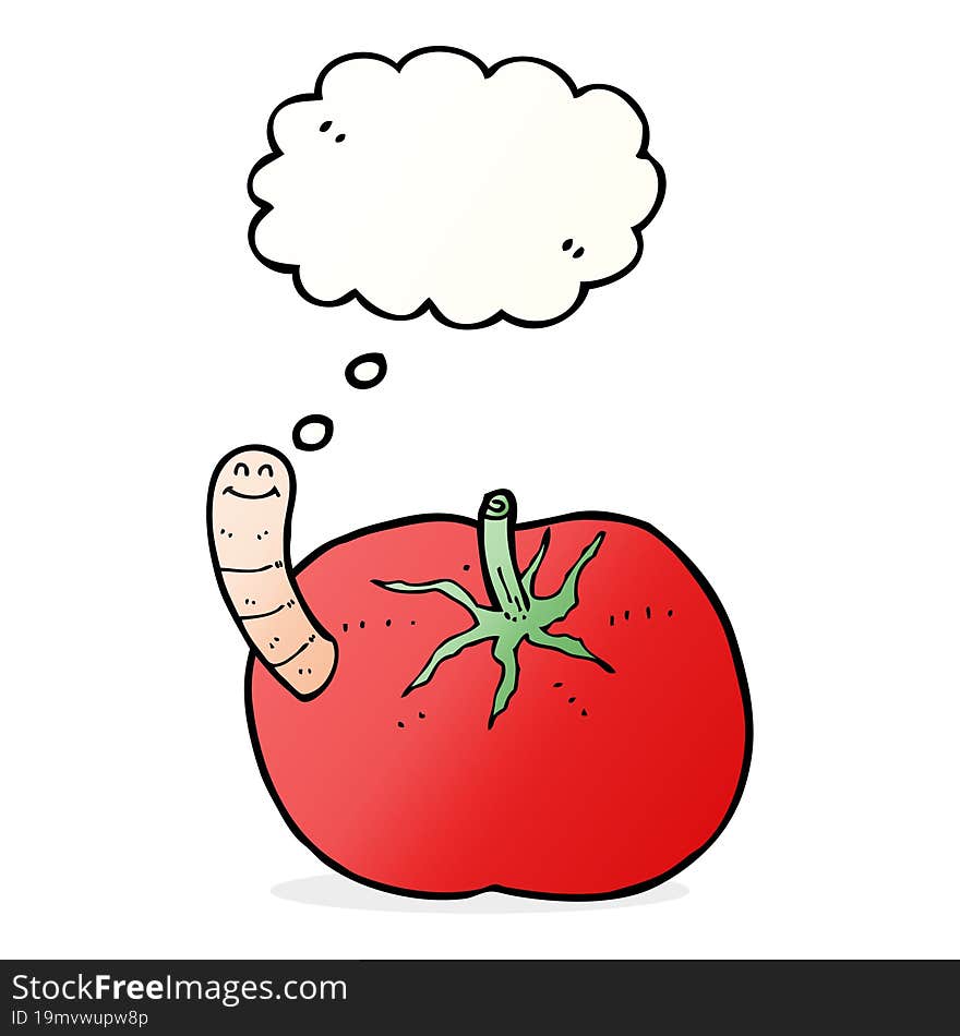 cartoon tomato with worm with thought bubble