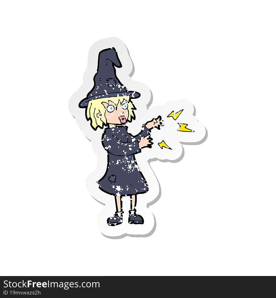 retro distressed sticker of a cartoon witch casting spell