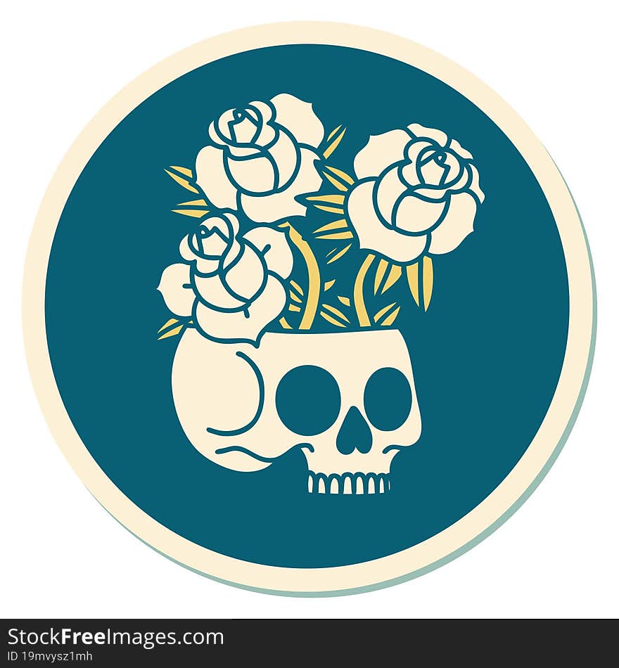 tattoo style sticker of a skull and roses