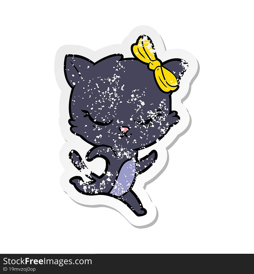 distressed sticker of a cute cartoon cat with bow running