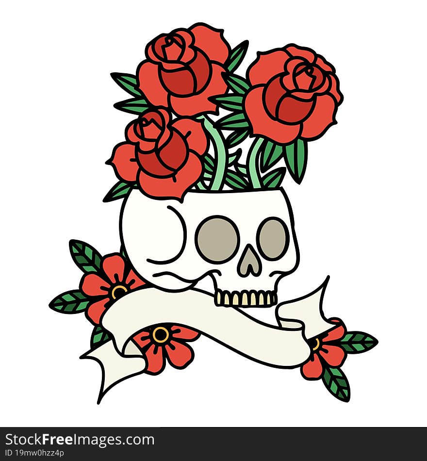 Tattoo With Banner Of A Skull And Roses