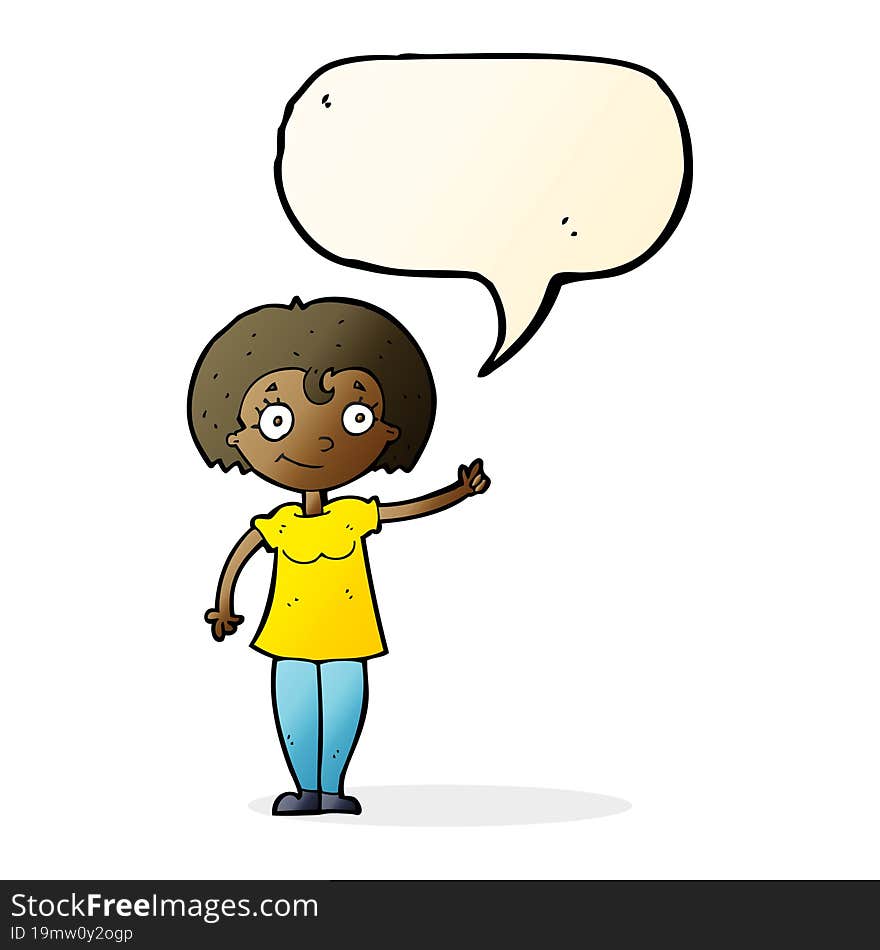 cartoon happy woman pointing with speech bubble