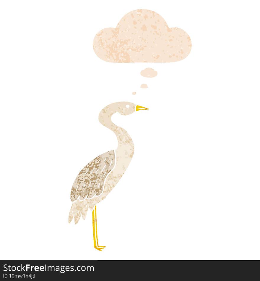 cartoon stork and thought bubble in retro textured style