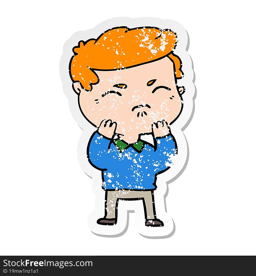 distressed sticker of a cartoon annoyed man