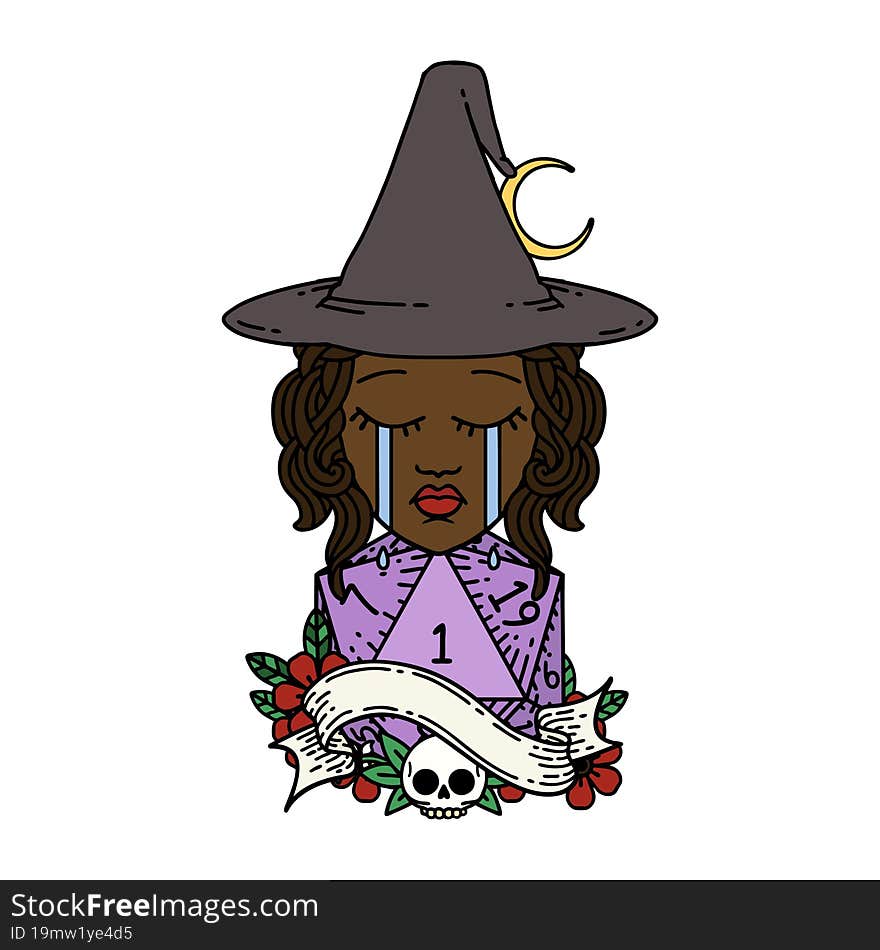 crying human witch with natural D20 roll illustration