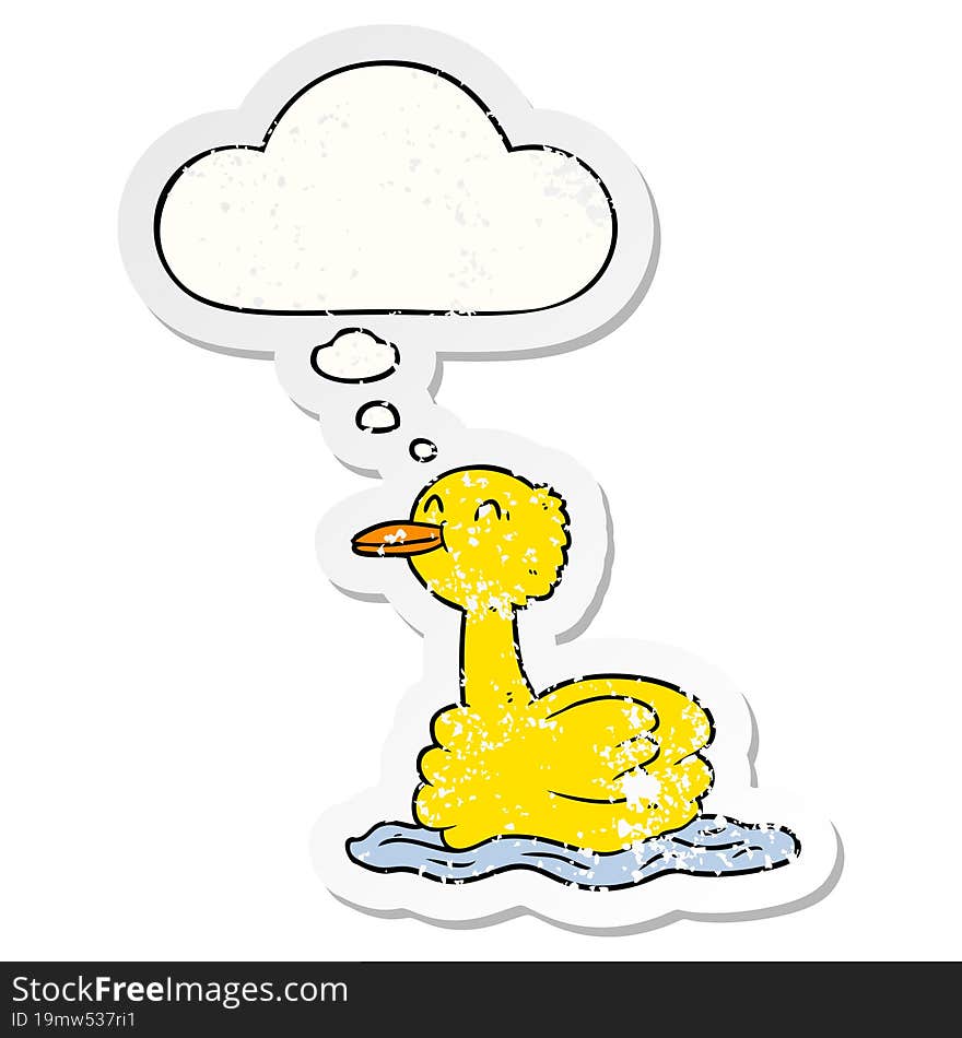 cartoon duck and thought bubble as a distressed worn sticker