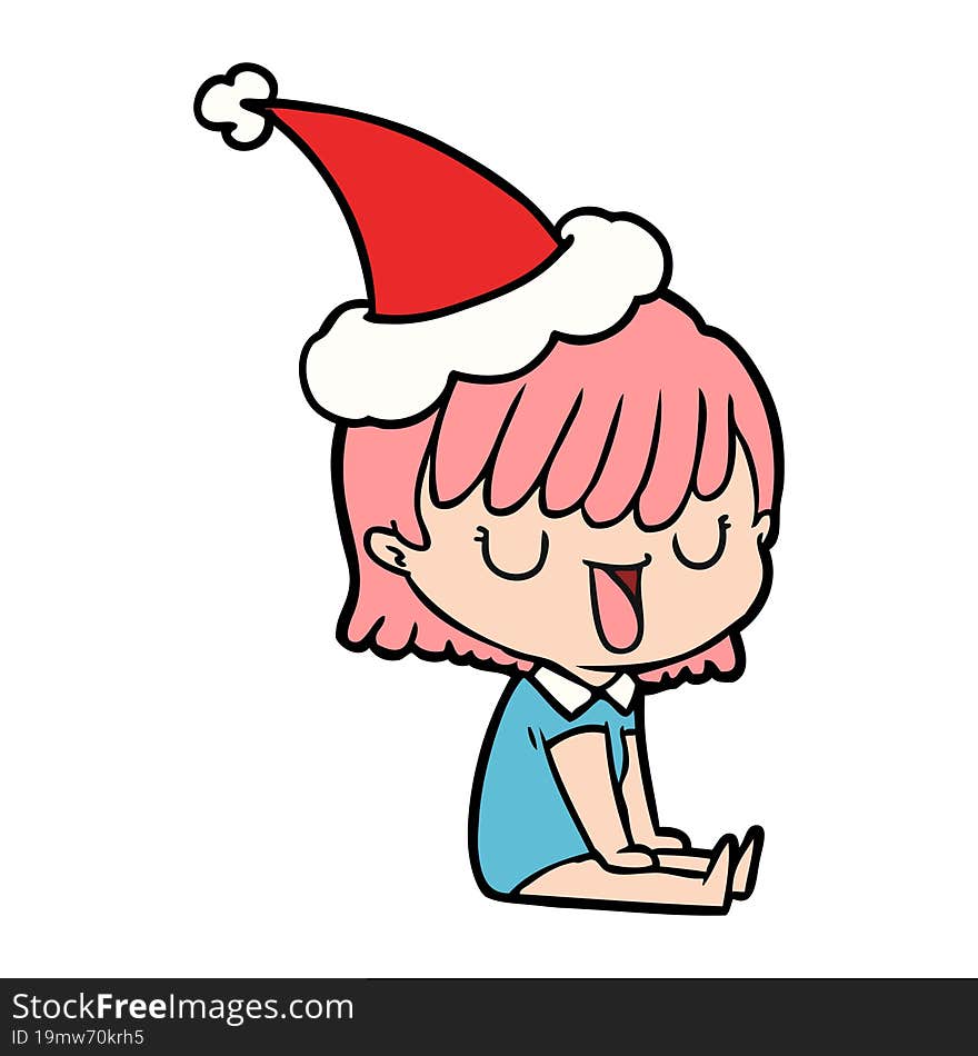 Line Drawing Of A Woman Wearing Santa Hat