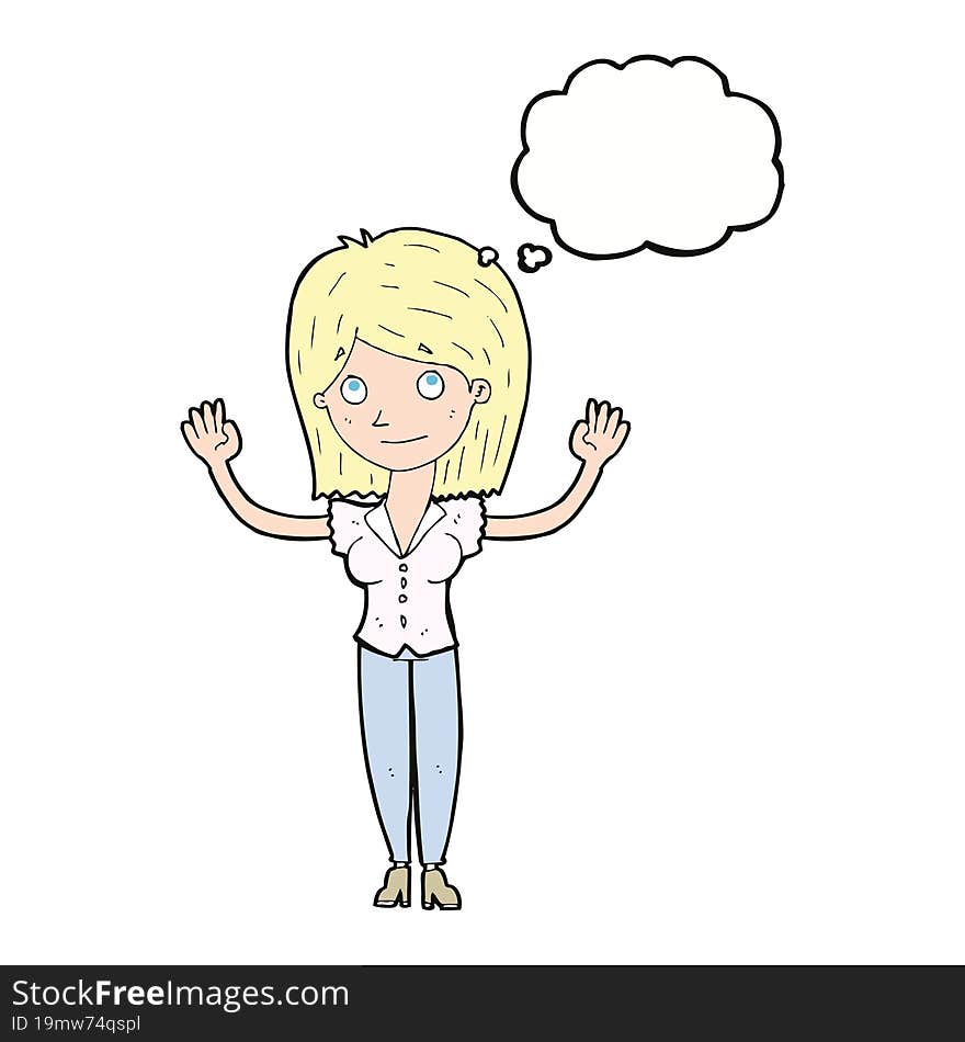 Cartoon Woman Holding Up Hands With Thought Bubble