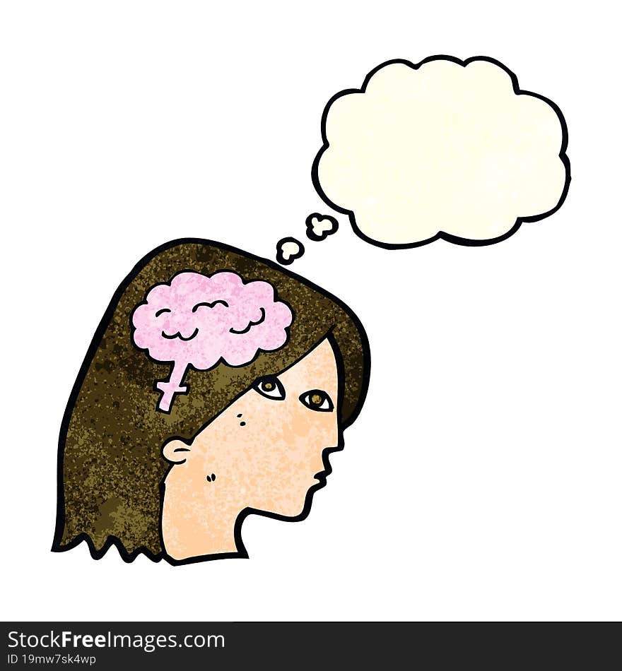 cartoon female head with brain symbol with thought bubble