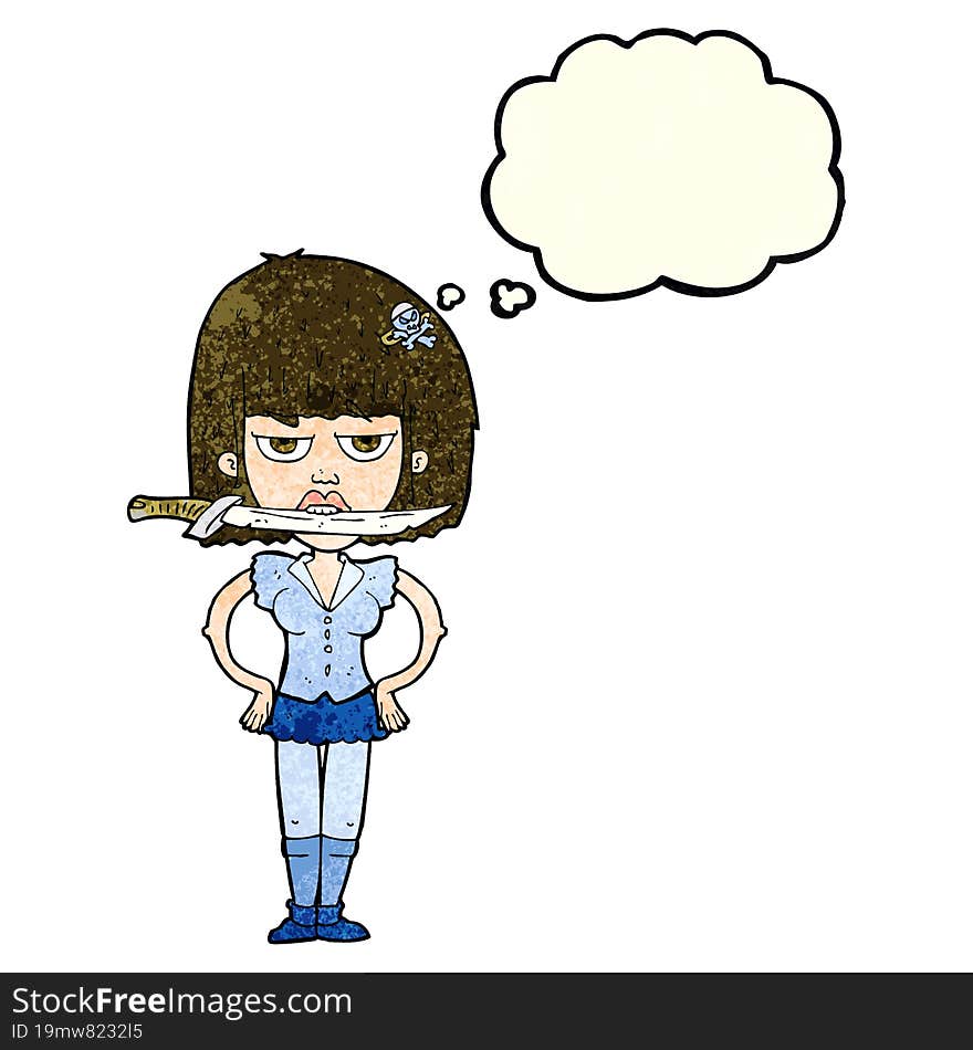 cartoon woman with knife between teeth with thought bubble