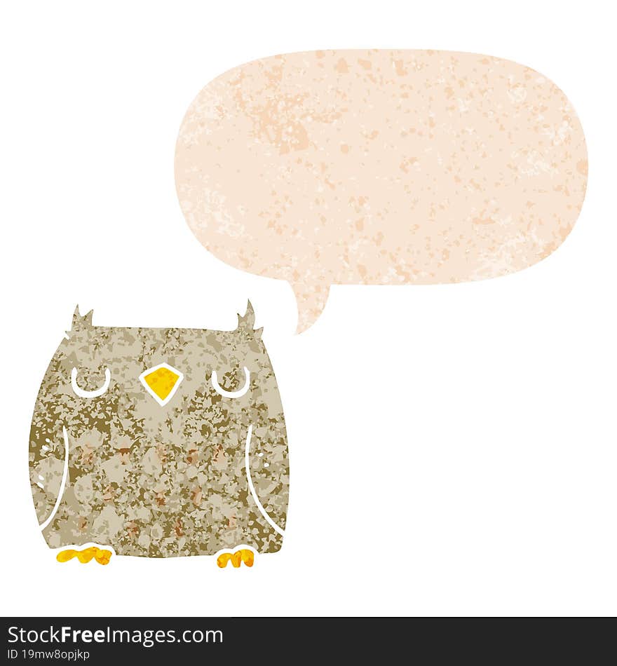 Cute Cartoon Owl And Speech Bubble In Retro Textured Style