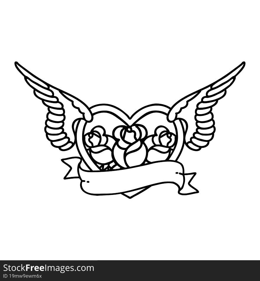 tattoo in black line style of a flying heart with flowers and banner. tattoo in black line style of a flying heart with flowers and banner