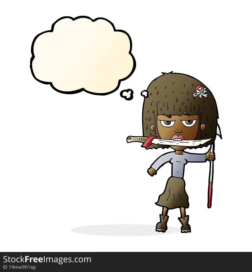 Cartoon Woman With Knife And Harpoon With Thought Bubble