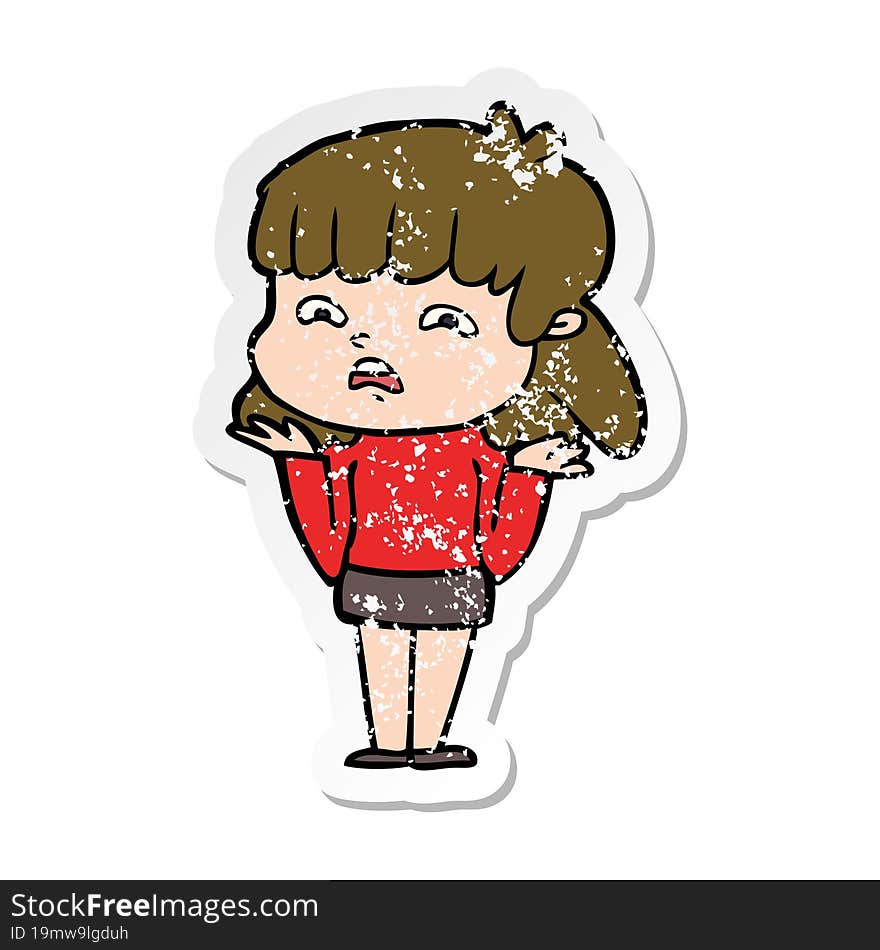 distressed sticker of a cartoon worried woman