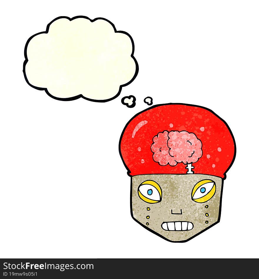 cartoon spooky robot head with thought bubble