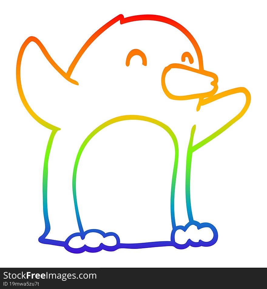 rainbow gradient line drawing of a cartoon excited penguin