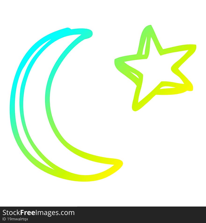 cold gradient line drawing cartoon moon and star shape