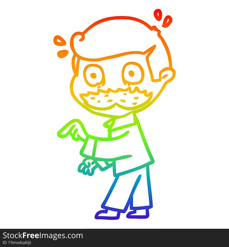 rainbow gradient line drawing cartoon man with mustache making a point