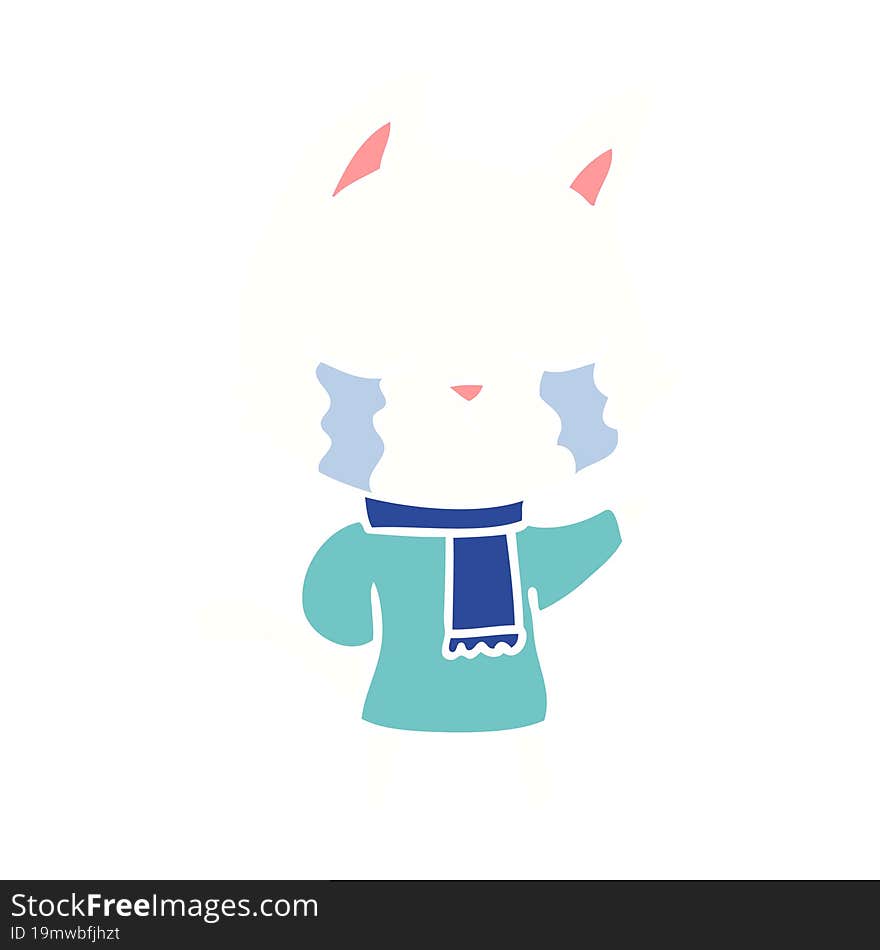 crying flat color style cartoon cat wearing winter clothes