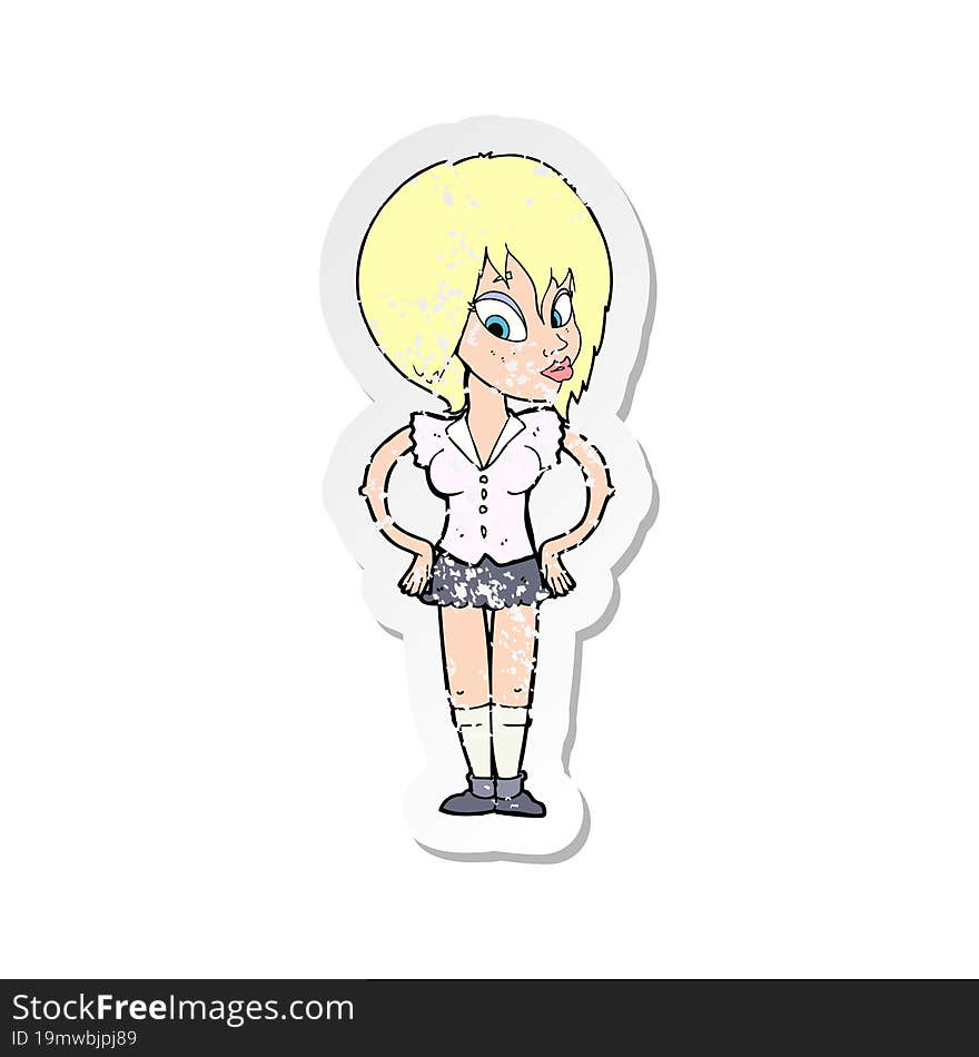 retro distressed sticker of a cartoon woman with hands on hips