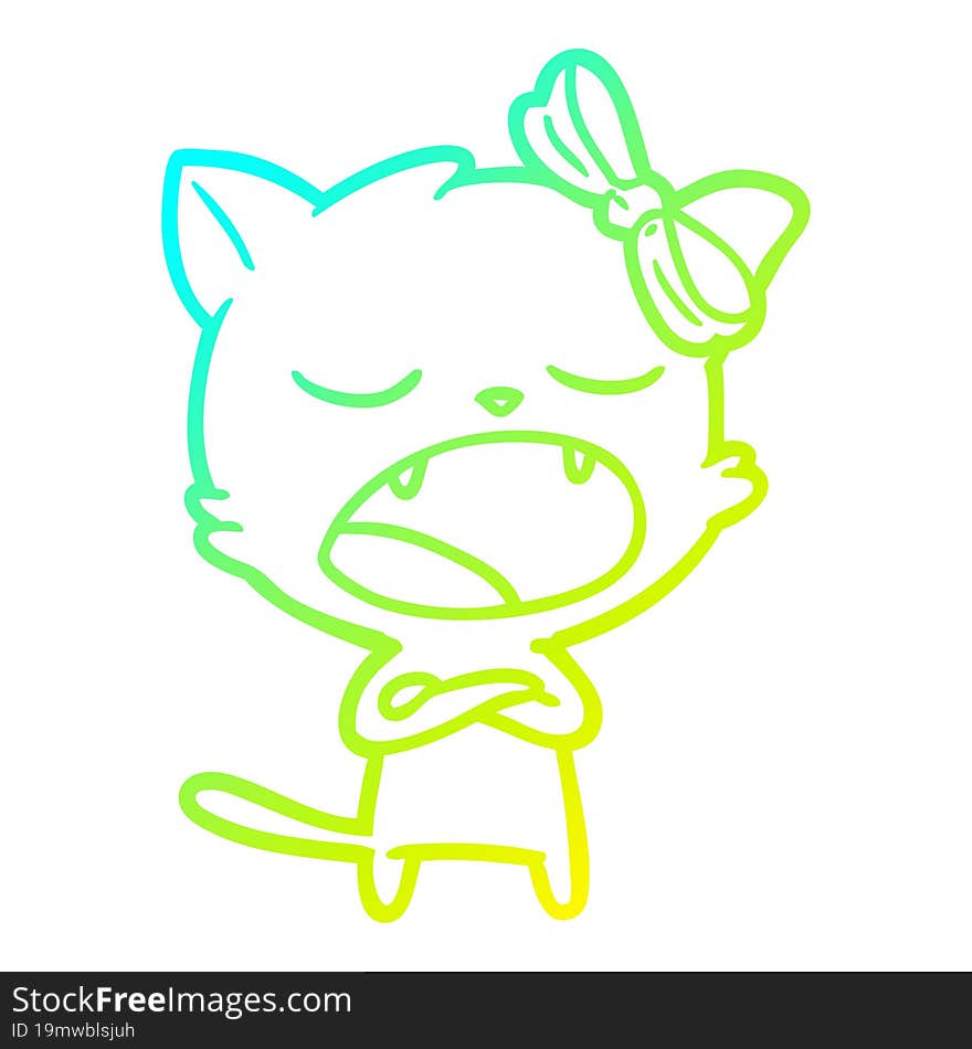 Cold Gradient Line Drawing Cartoon Yawning Cat