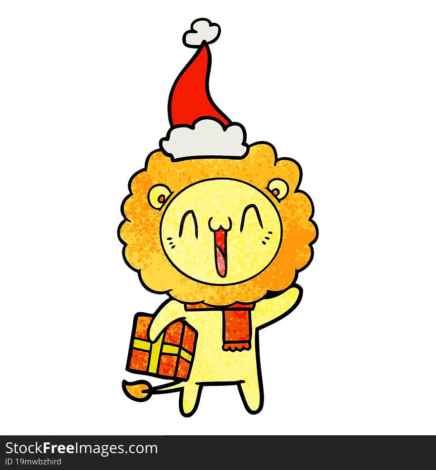 happy hand drawn textured cartoon of a lion wearing santa hat. happy hand drawn textured cartoon of a lion wearing santa hat