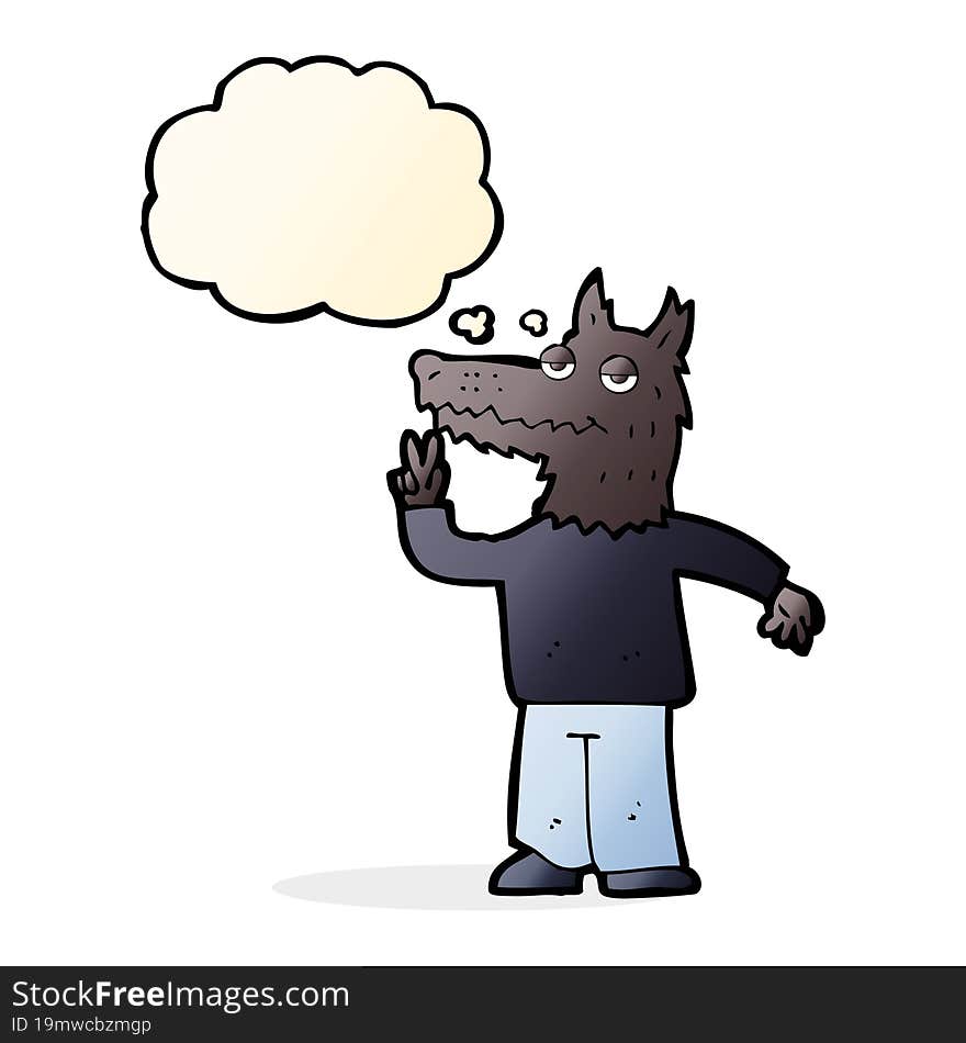 cartoon happy wolf man with thought bubble