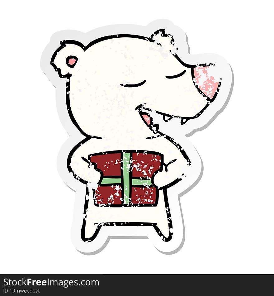 distressed sticker of a cartoon polar bear with present