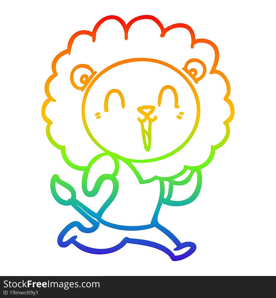 rainbow gradient line drawing of a laughing lion cartoon